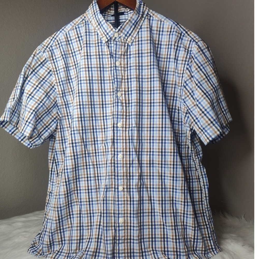 Rye by‎ Hawker Rye Button Down Shirt Mens XL Short Blue Brown Plaid Short Sleeve